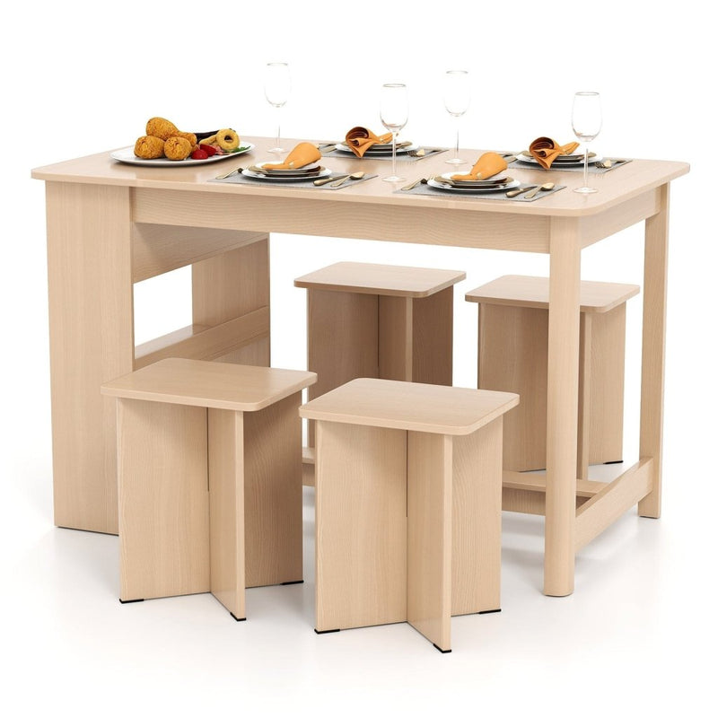 5 Pieces Dining Table Set with Storage Shelf and 4 Stools - Natural - Bro Dreams