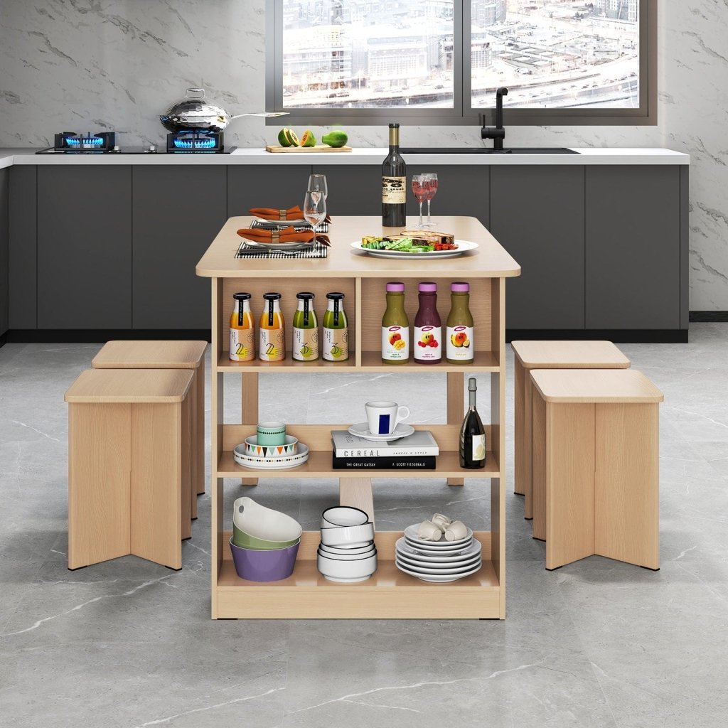5 Pieces Dining Table Set with Storage Shelf and 4 Stools - Natural - Bro Dreams