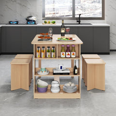 5 Pieces Dining Table Set with Storage Shelf and 4 Stools - Natural - Bro Dreams