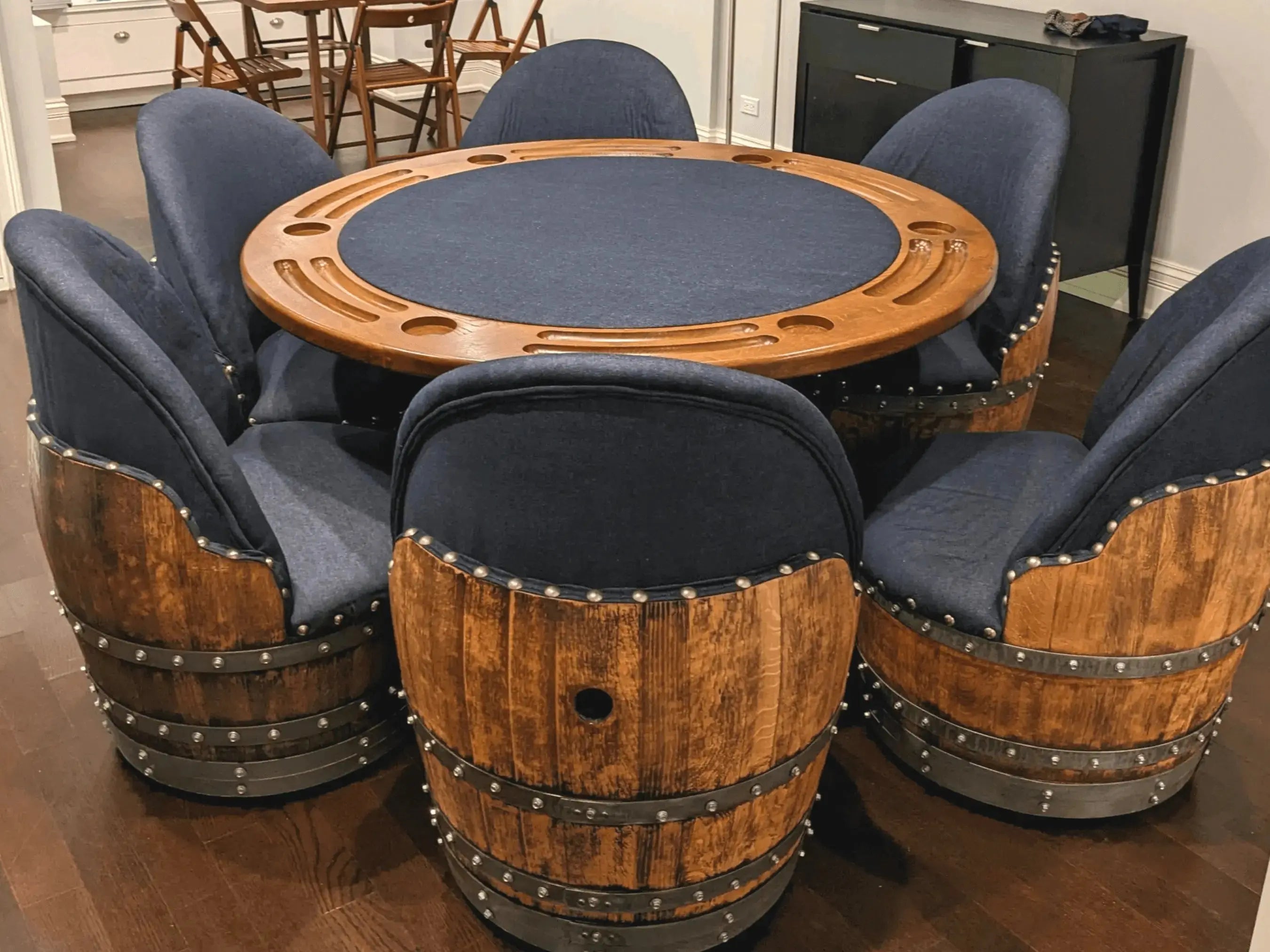 Dark Navy Blue Wine Barrel Poker Set with Removable Dining Top - Game Table & Barrel Chair - Wine Barrel Table for Dining and Poker Oak Wood Wine Barrels