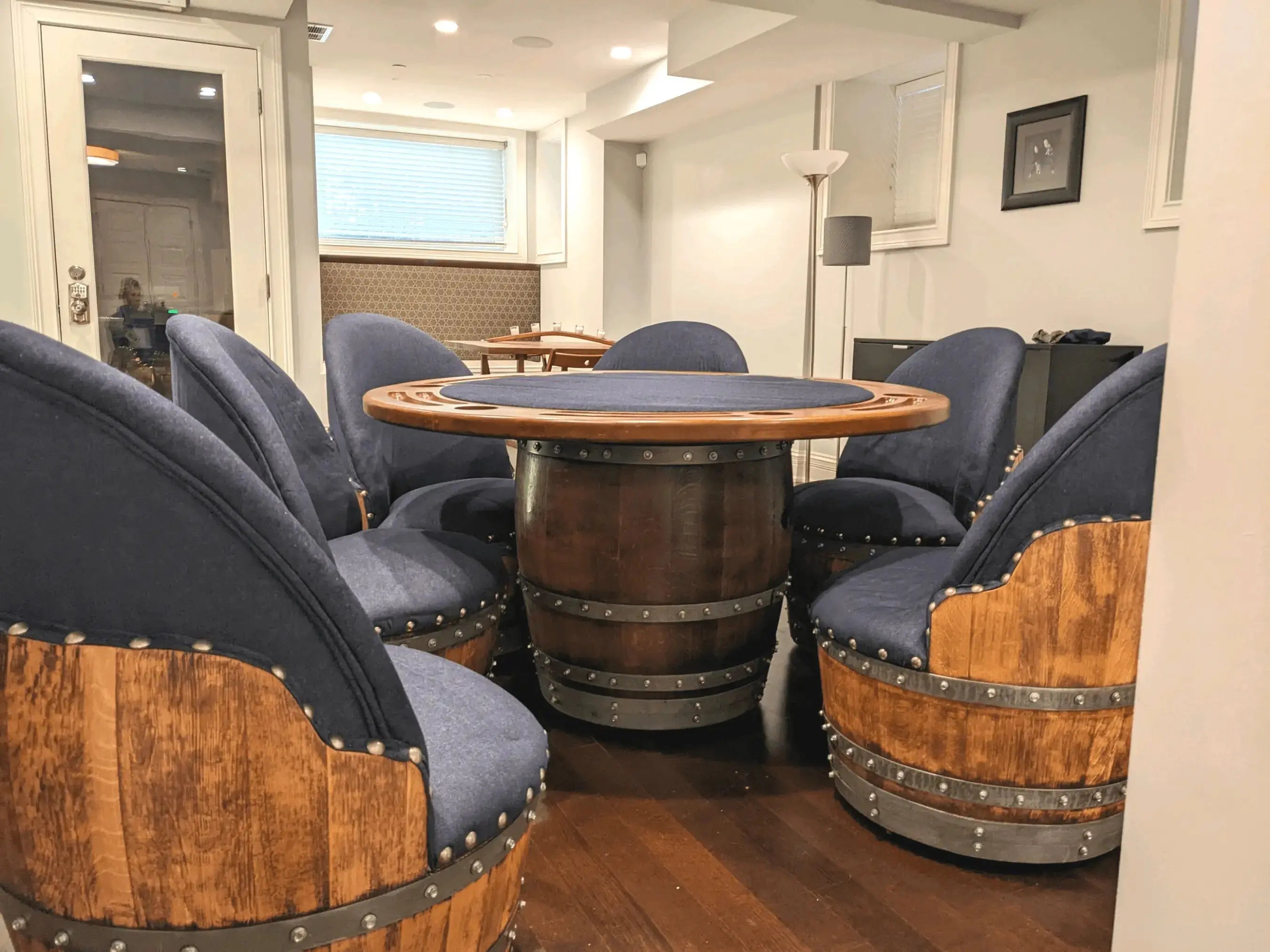 Dark Navy Blue Wine Barrel Poker Set with Removable Dining Top - Game Table & Barrel Chair - Wine Barrel Table for Dining and Poker Oak Wood Wine Barrels