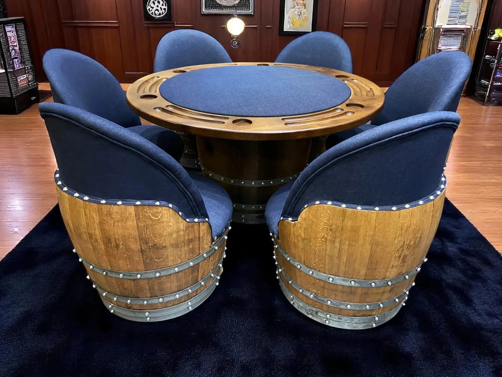 Dark Navy Blue Wine Barrel Poker Set with Removable Dining Top - Game Table & Barrel Chair - Wine Barrel Table for Dining and Poker Oak Wood Wine Barrels