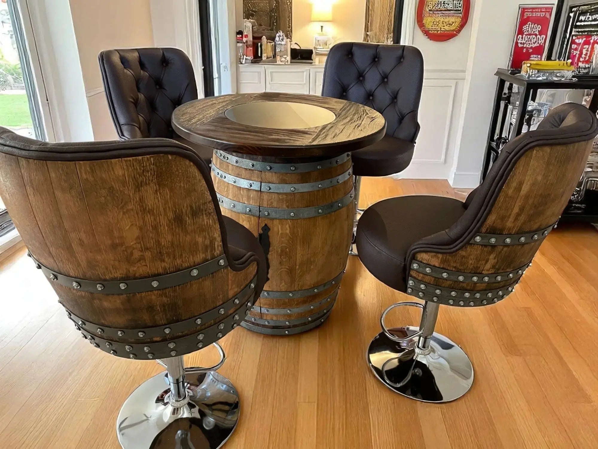 Luxury Wine Barrel Bar Set w/ Pub Table & Wine Barrel Bar Stools - Multi-Use Wine and Whiskey Home Bar Furniture Oak Wood Wine Barrels