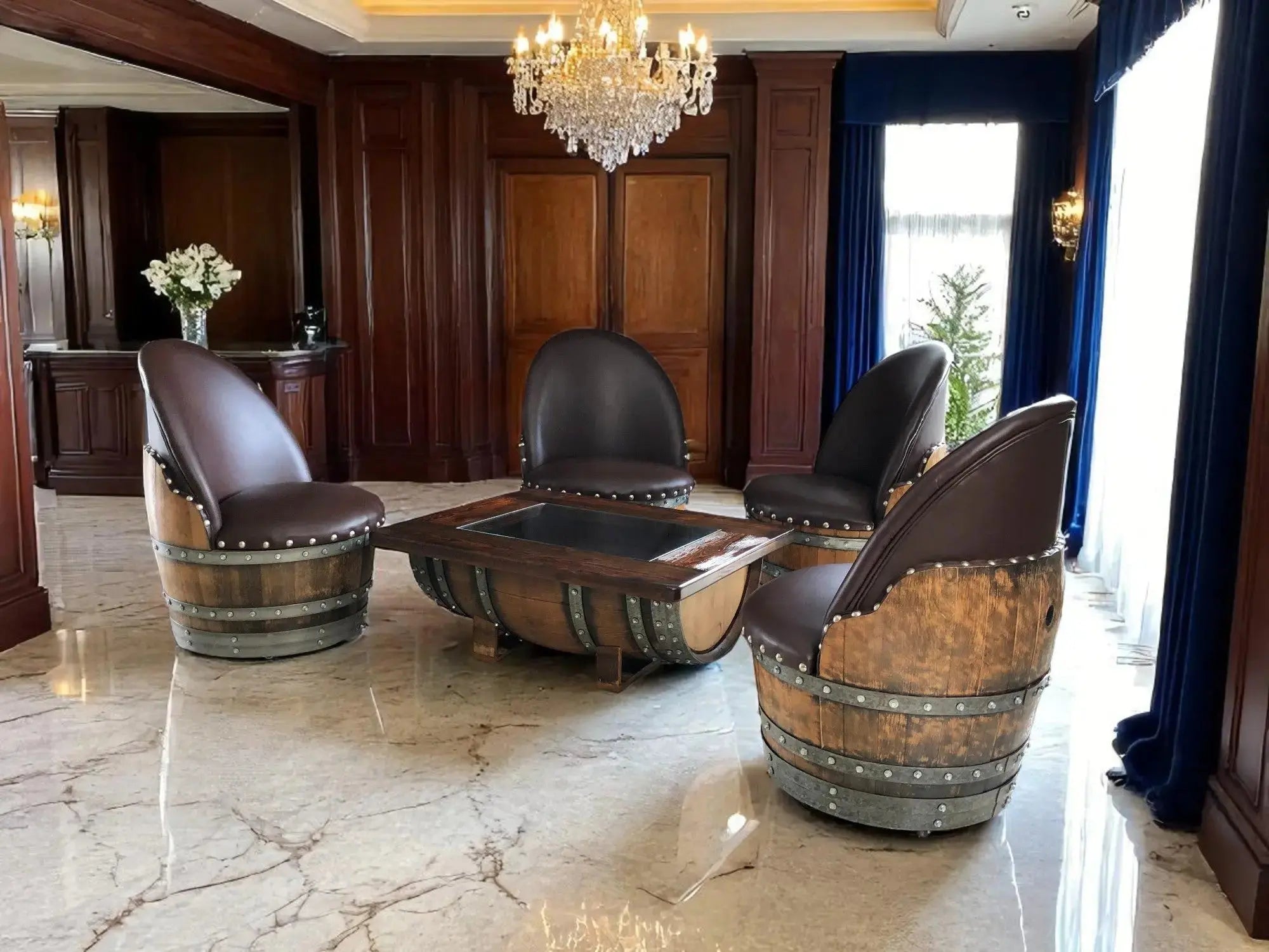 Wine Barrel Coffee Table Set with 4 Chairs - Rustic Whiskey Barrel Furniture Set - Handmade Solid Oak - Free Shipping Oak Wood Wine Barrels