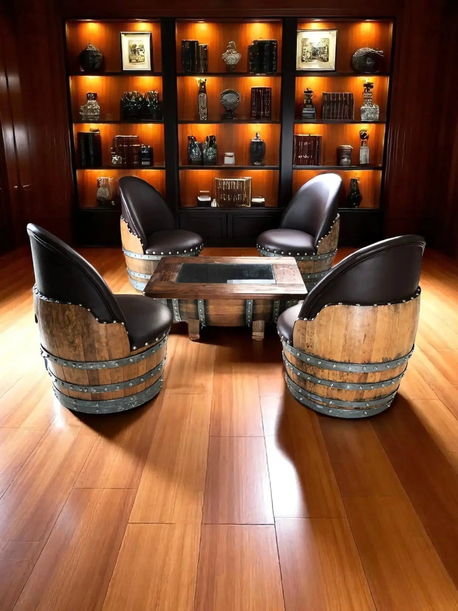 Wine Barrel Coffee Table Set with 4 Chairs - Rustic Whiskey Barrel Furniture Set - Handmade Solid Oak - Free Shipping Oak Wood Wine Barrels