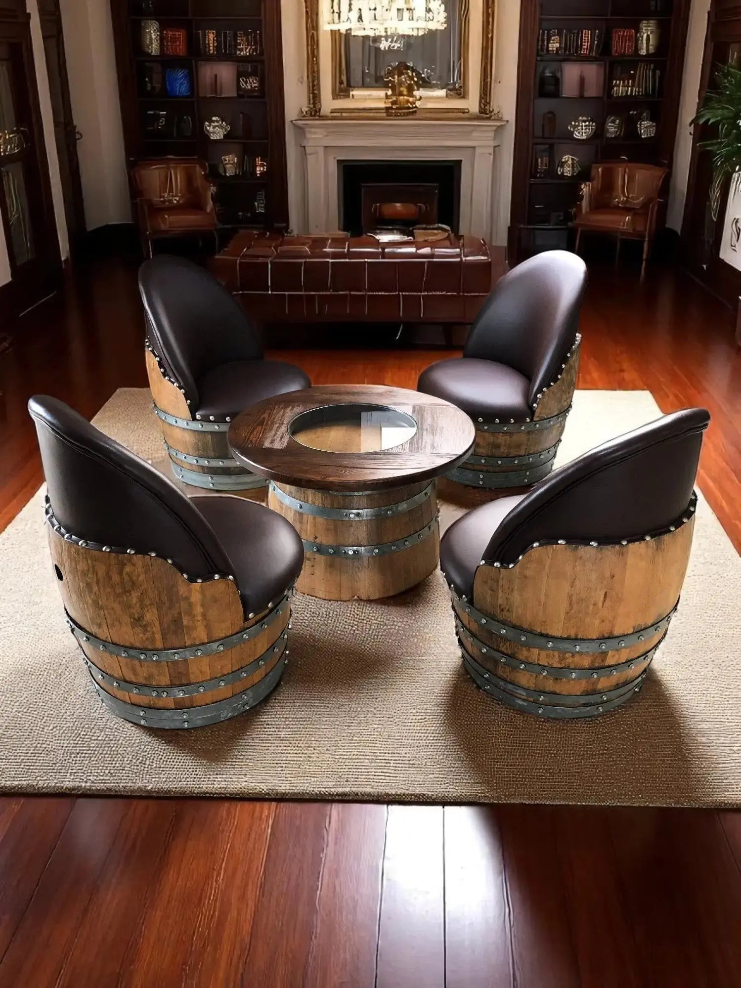 Wine Barrel Full Round Coffee Table Set with 4 Chairs - Rustic Whiskey Barrel Furniture Set - Handmade Solid Oak - Free Shipping Oak Wood Wine Barrels
