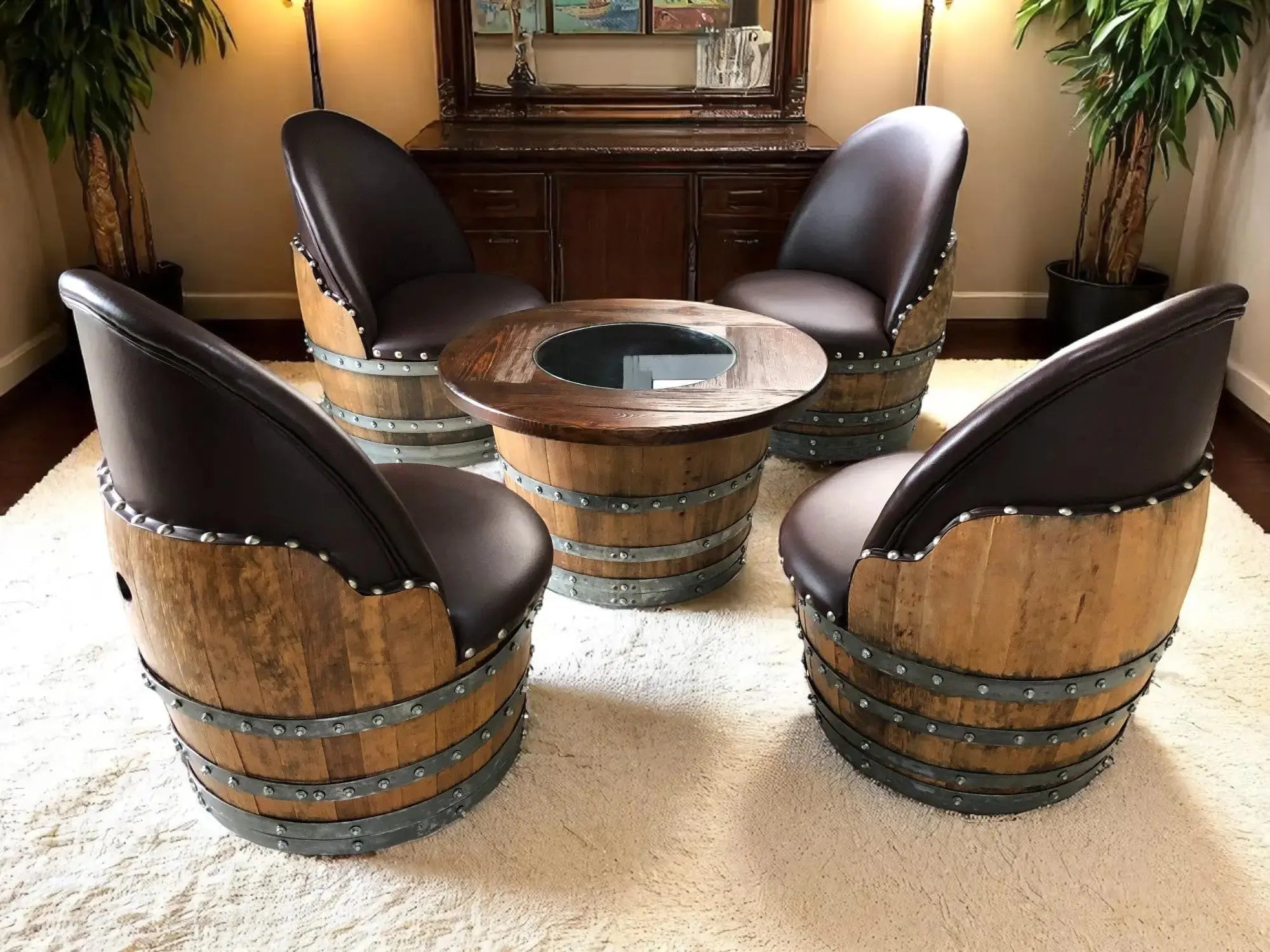 Wine Barrel Full Round Coffee Table Set with 4 Chairs - Rustic Whiskey Barrel Furniture Set - Handmade Solid Oak - Free Shipping Oak Wood Wine Barrels