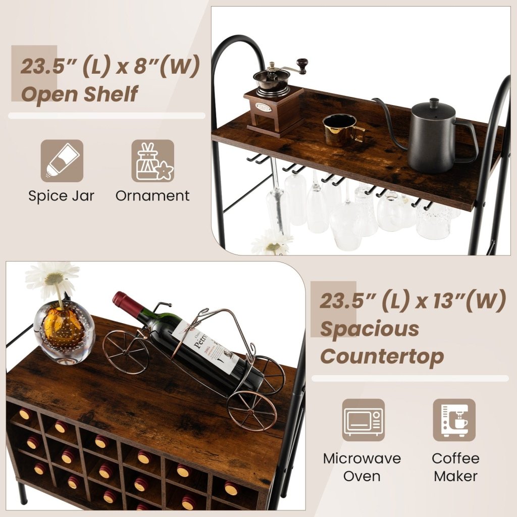 Baker's Rack with Detachable Wine Rack and 5 Rows of Stemware Holder - Rustic Brown - Bro Dreams