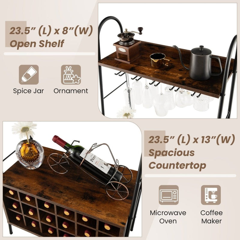 Baker's Rack with Detachable Wine Rack and 5 Rows of Stemware Holder - Rustic Brown - Bro Dreams