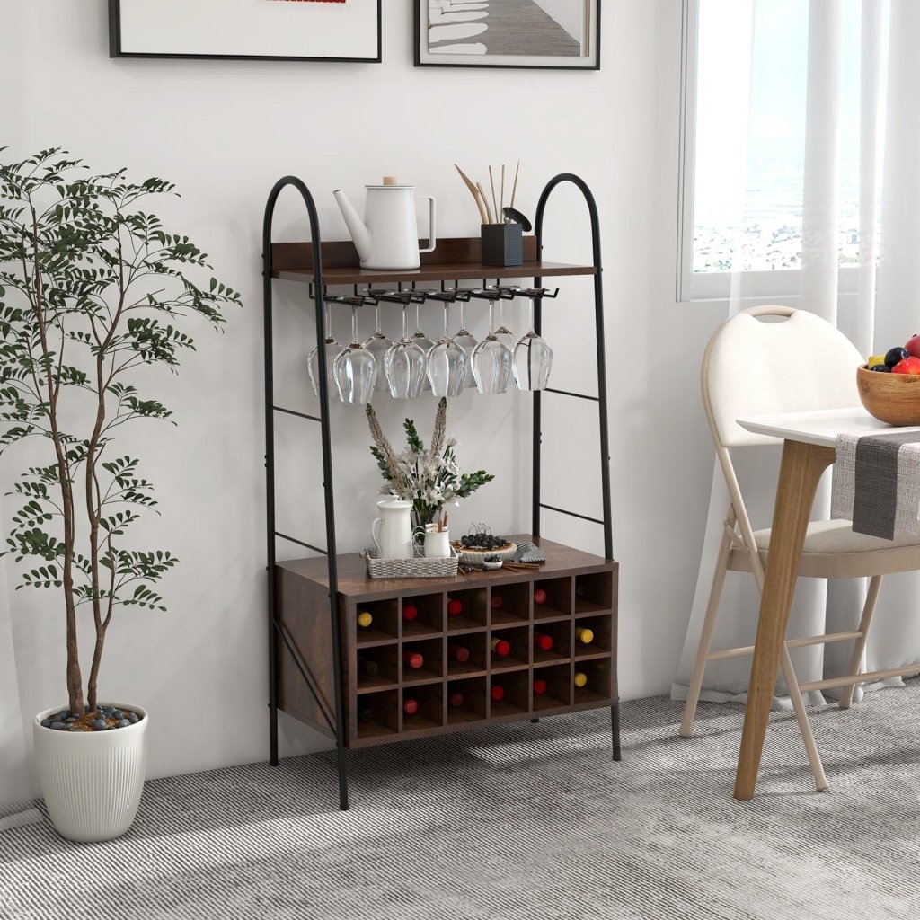 Baker's Rack with Detachable Wine Rack and 5 Rows of Stemware Holder - Rustic Brown - Bro Dreams