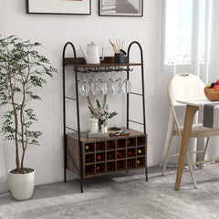 Baker's Rack with Detachable Wine Rack and 5 Rows of Stemware Holder - Rustic Brown - Bro Dreams