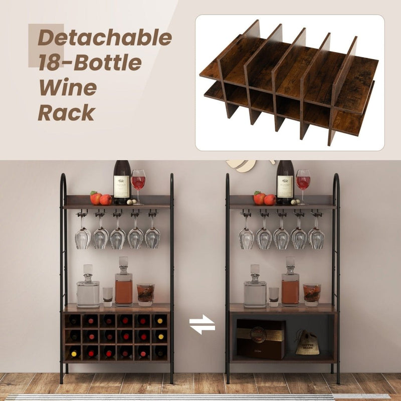 Baker's Rack with Detachable Wine Rack and 5 Rows of Stemware Holder - Rustic Brown - Bro Dreams