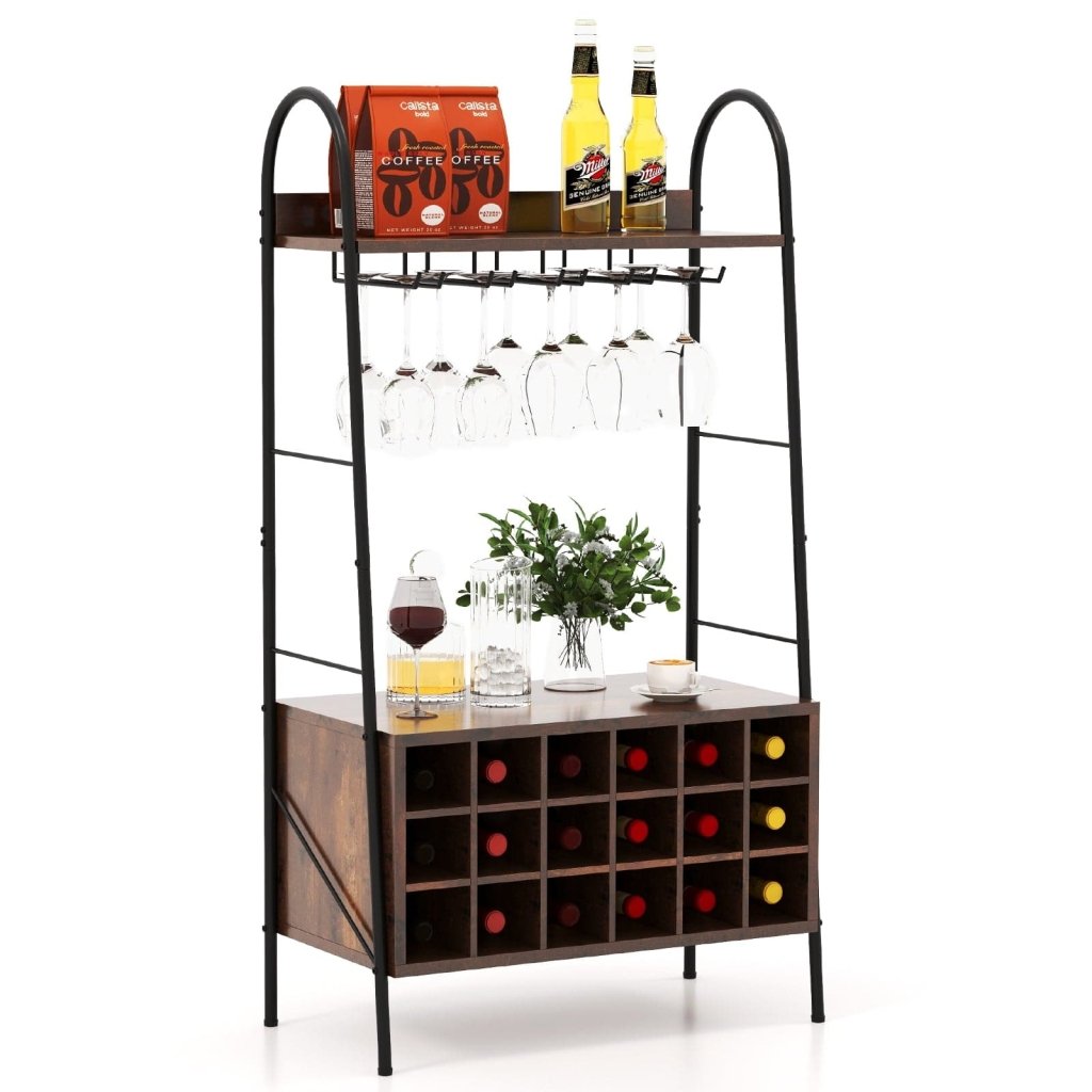 Baker's Rack with Detachable Wine Rack and 5 Rows of Stemware Holder - Rustic Brown - Bro Dreams