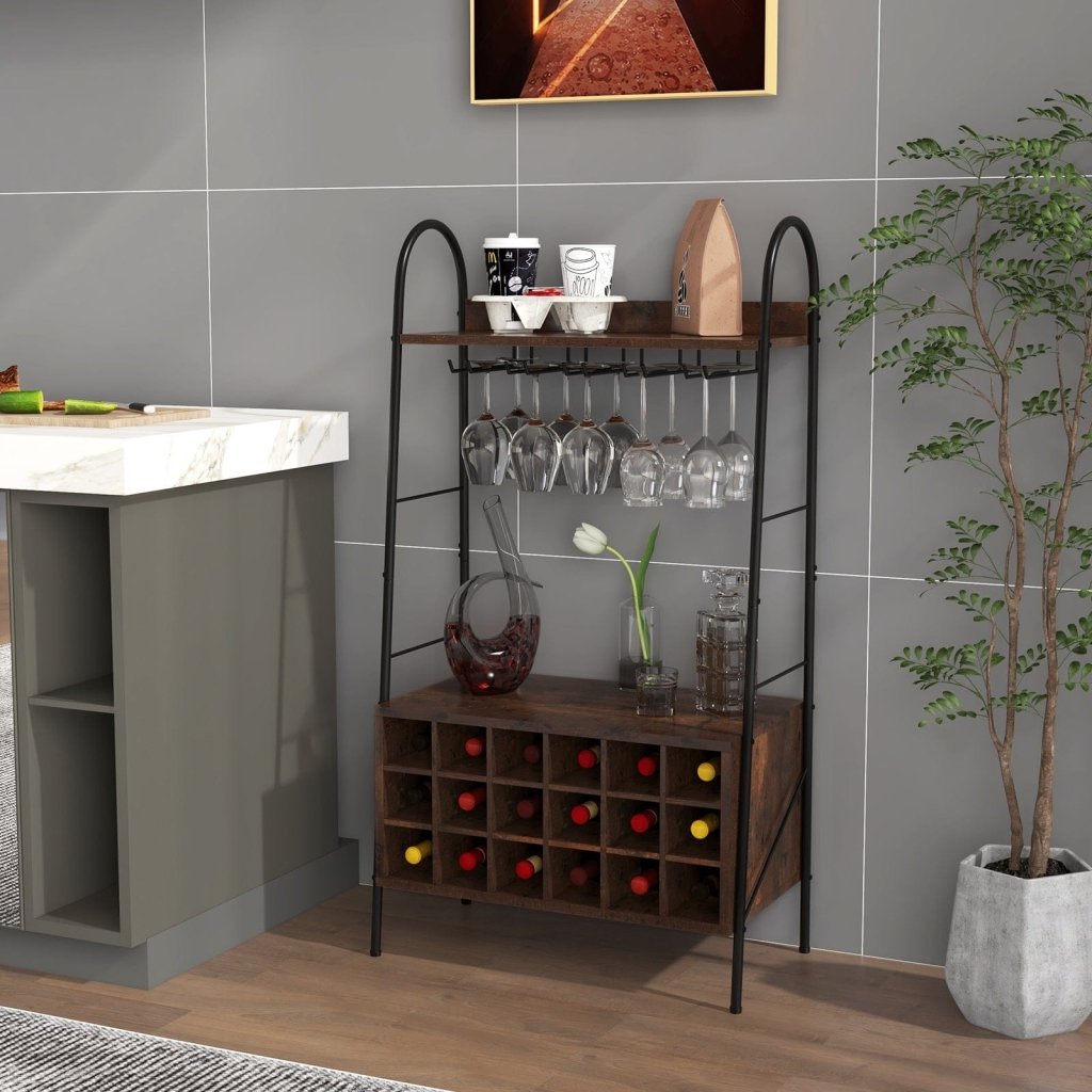 Baker's Rack with Detachable Wine Rack and 5 Rows of Stemware Holder - Rustic Brown - Bro Dreams