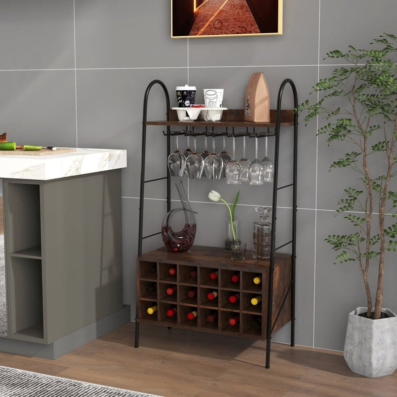 Baker's Rack with Detachable Wine Rack and 5 Rows of Stemware Holder - Rustic Brown - Bro Dreams