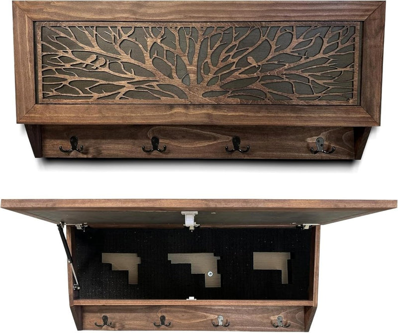 Birds in a Tree Large Gun Concealment Coat Rack - Handcrafted Wooden Gun Cabinets - Gun Shelf Hidden Storage for Rifles, Shotguns, & Handguns - Quick Access Hidden Wall Safe - Bro Dreams