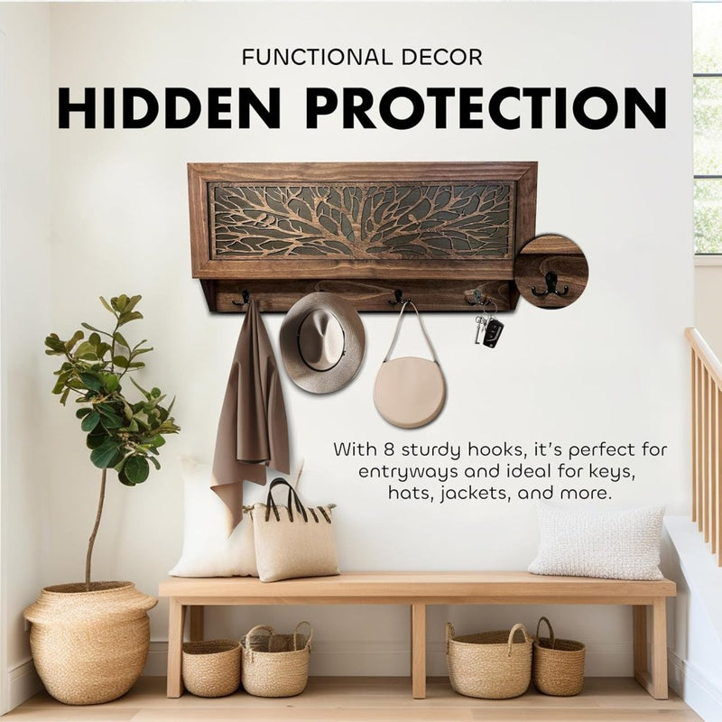Birds in a Tree Large Gun Concealment Coat Rack - Handcrafted Wooden Gun Cabinets - Gun Shelf Hidden Storage for Rifles, Shotguns, & Handguns - Quick Access Hidden Wall Safe - Bro Dreams