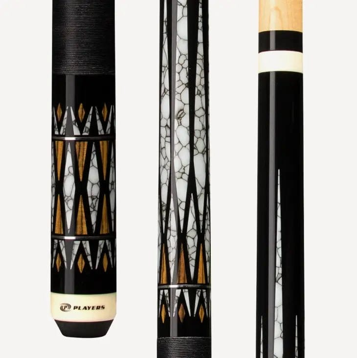 C.P.Dean Company Cue Stick 18oz Players Midnight Black w/Bocote and White Recon Graphic, Solid Black Linen Wrap Cue Stick