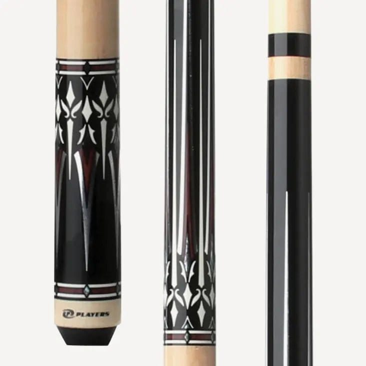 C.P.Dean Company Cue Stick 18oz Players Midnight Black w/Cocobolo w/Silver and Mother of Pearl Graphic Accent, Natural Birdsye handle, Wrapless Cue Stick