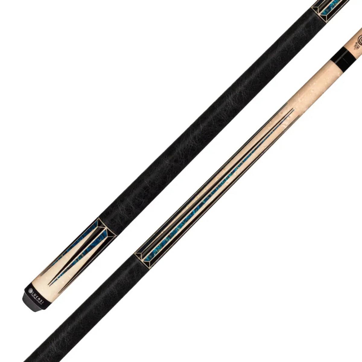 C.P.Dean Company Cue Stick 19 OZ Lucasi Lux54-19 Natural Birdseye Maple W/6 Black and Teal Split Pts. Black Genuine Leather Wrap