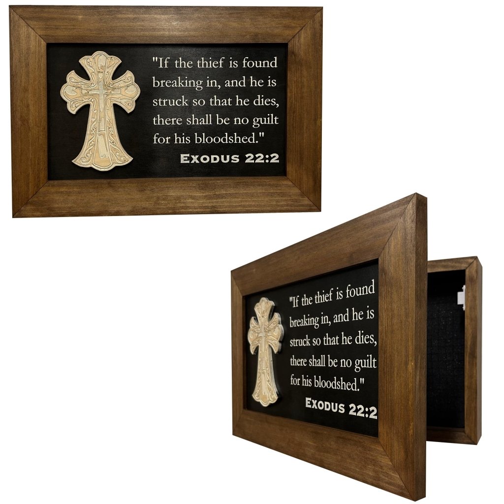 Decorative Gun Cabinet Wall - Mounted & Secure with a Cross and Exodus 22:2 - Gun safe To Securely Store Your Gun & Home Self Defense Gear - Bro Dreams