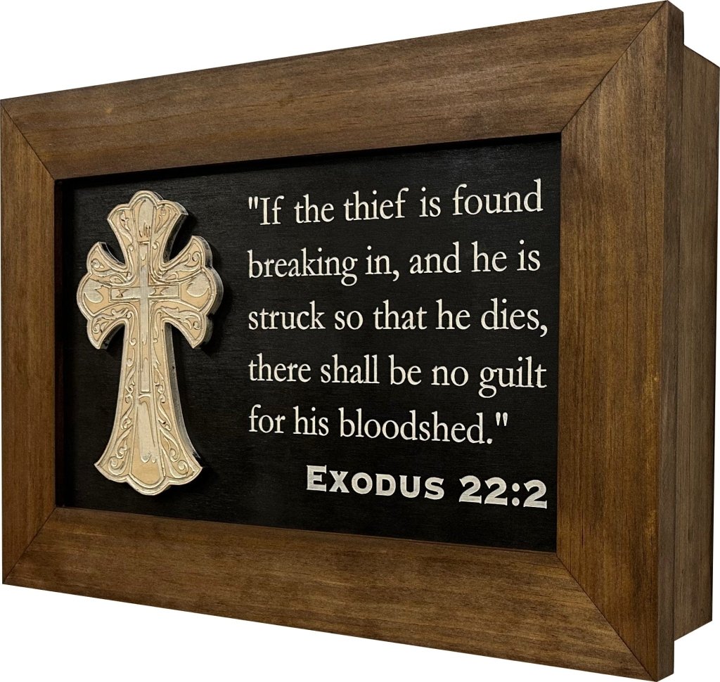 Decorative Gun Cabinet Wall - Mounted & Secure with a Cross and Exodus 22:2 - Gun safe To Securely Store Your Gun & Home Self Defense Gear - Bro Dreams