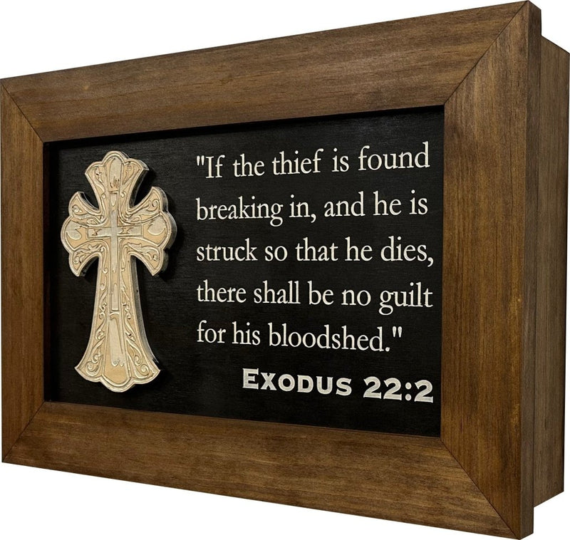 Decorative Gun Cabinet Wall - Mounted & Secure with a Cross and Exodus 22:2 - Gun safe To Securely Store Your Gun & Home Self Defense Gear - Bro Dreams