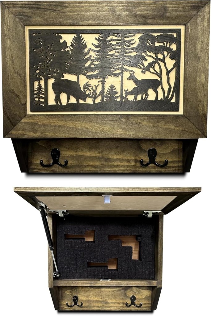 Gun Concealment Furniture - Deer Hunter Coat Rack Hidden Wall Safe with Hooks for Coats, Bags, & Hats - Quick Access Hidden Gun Storage - Wood Gun Cabinet with Secure Magnetic Lock - Bro Dreams