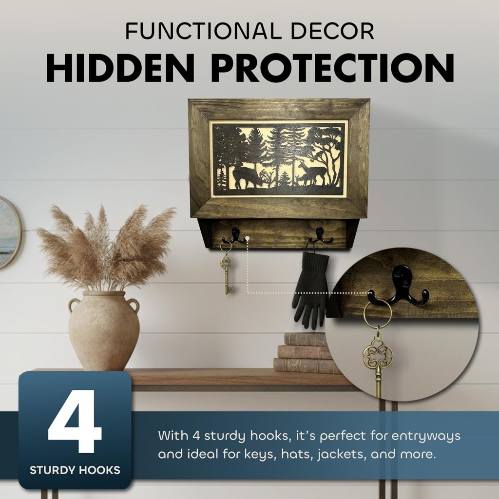 Gun Concealment Furniture - Deer Hunter Coat Rack Hidden Wall Safe with Hooks for Coats, Bags, & Hats - Quick Access Hidden Gun Storage - Wood Gun Cabinet with Secure Magnetic Lock - Bro Dreams