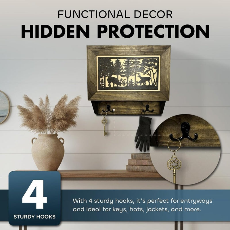Gun Concealment Furniture - Deer Hunter Coat Rack Hidden Wall Safe with Hooks for Coats, Bags, & Hats - Quick Access Hidden Gun Storage - Wood Gun Cabinet with Secure Magnetic Lock - Bro Dreams
