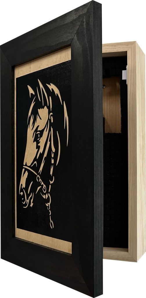 Hidden Gun Safe Black Horse Wall Art Decoration - Secure Gun Cabinet by Bellewood Designs - Bro Dreams