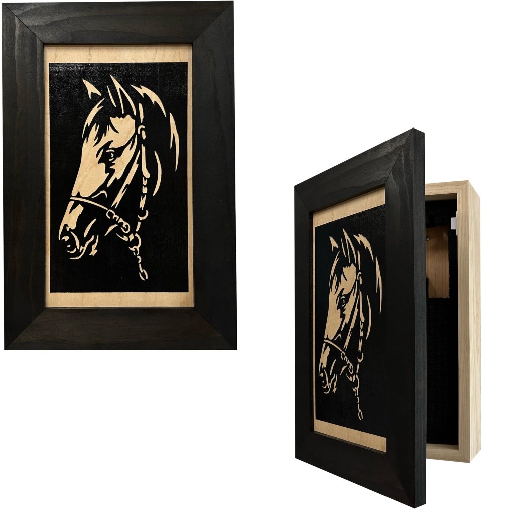 Hidden Gun Safe Black Horse Wall Art Decoration - Secure Gun Cabinet by Bellewood Designs - Bro Dreams