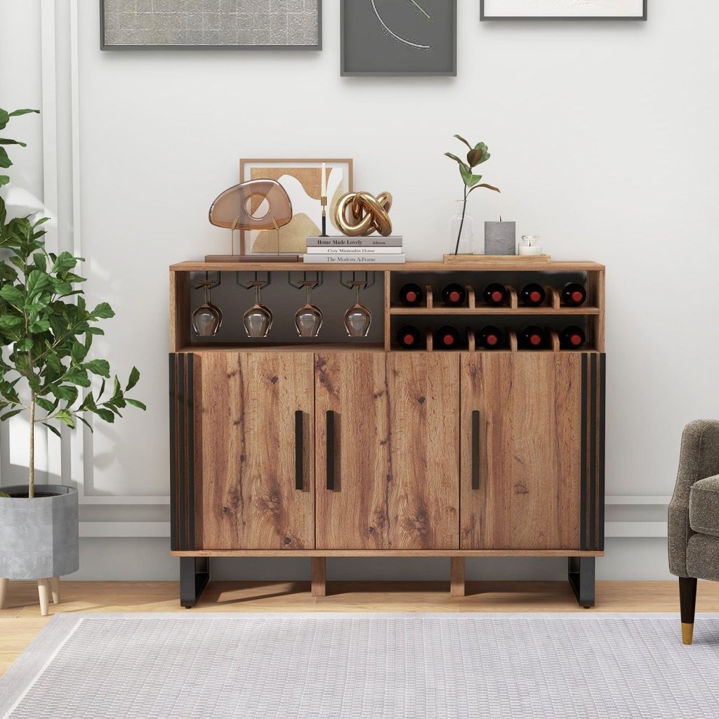 Home Wine Bar Cabinet with 3 Doors and Adjustable Shelves - Brown - Bro Dreams