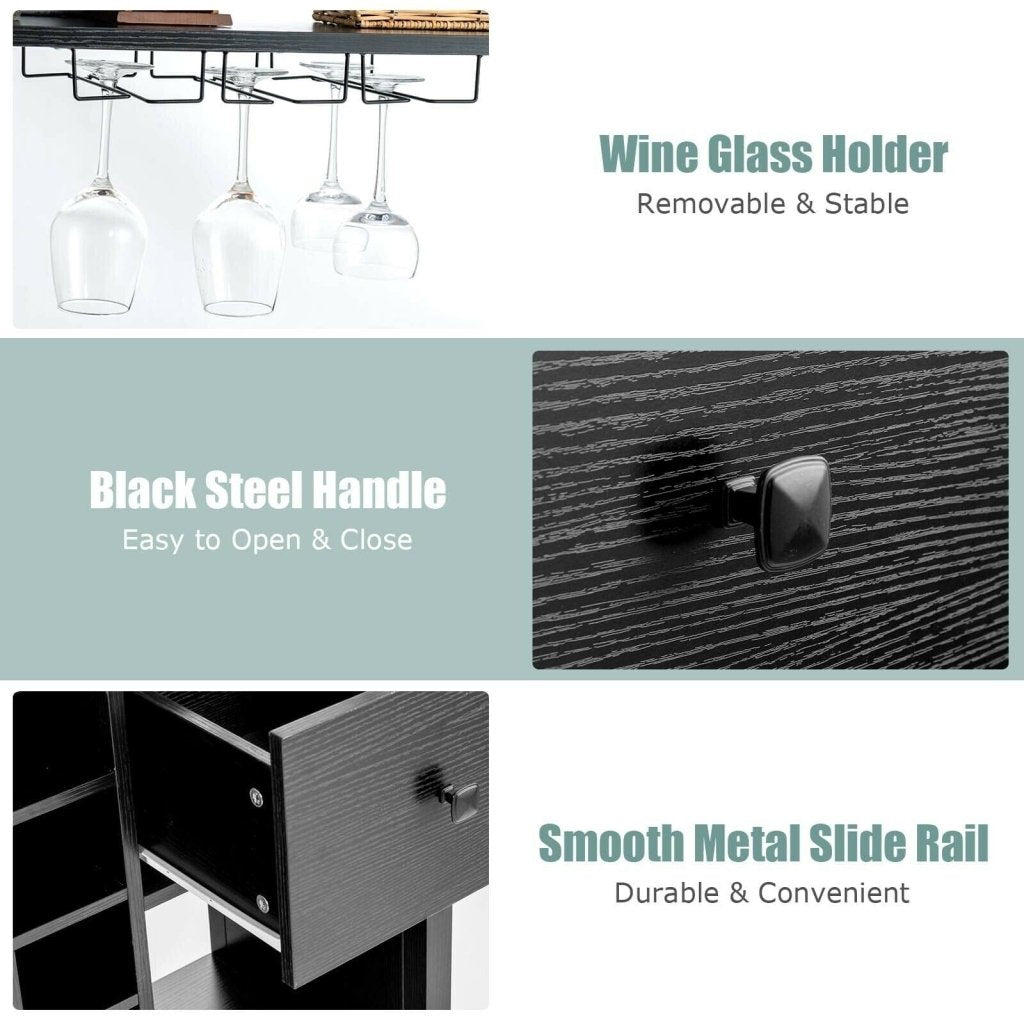 Kitchen Bakers Rack Freestanding Wine Rack Table with Glass Holder and Drawer - Black - Bro Dreams