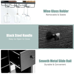 Kitchen Bakers Rack Freestanding Wine Rack Table with Glass Holder and Drawer - Black - Bro Dreams