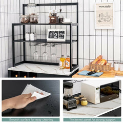 Kitchen Bakers Rack Freestanding Wine Rack Table with Glass Holder and Drawer - Black - Bro Dreams