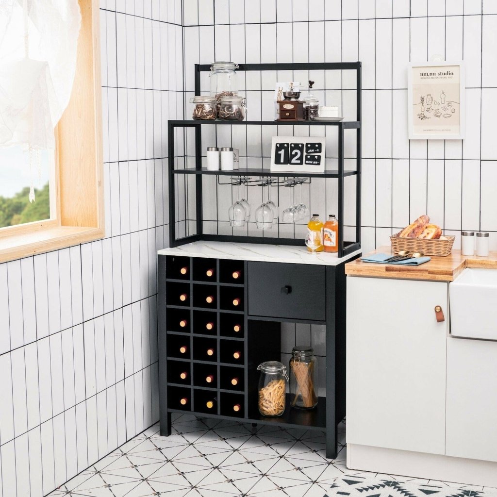Kitchen Bakers Rack Freestanding Wine Rack Table with Glass Holder and Drawer - Black - Bro Dreams