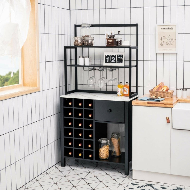 Kitchen Bakers Rack Freestanding Wine Rack Table with Glass Holder and Drawer - Black - Bro Dreams