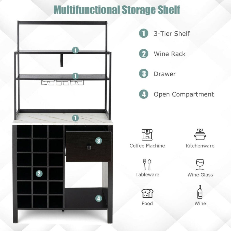 Kitchen Bakers Rack Freestanding Wine Rack Table with Glass Holder and Drawer - Black - Bro Dreams