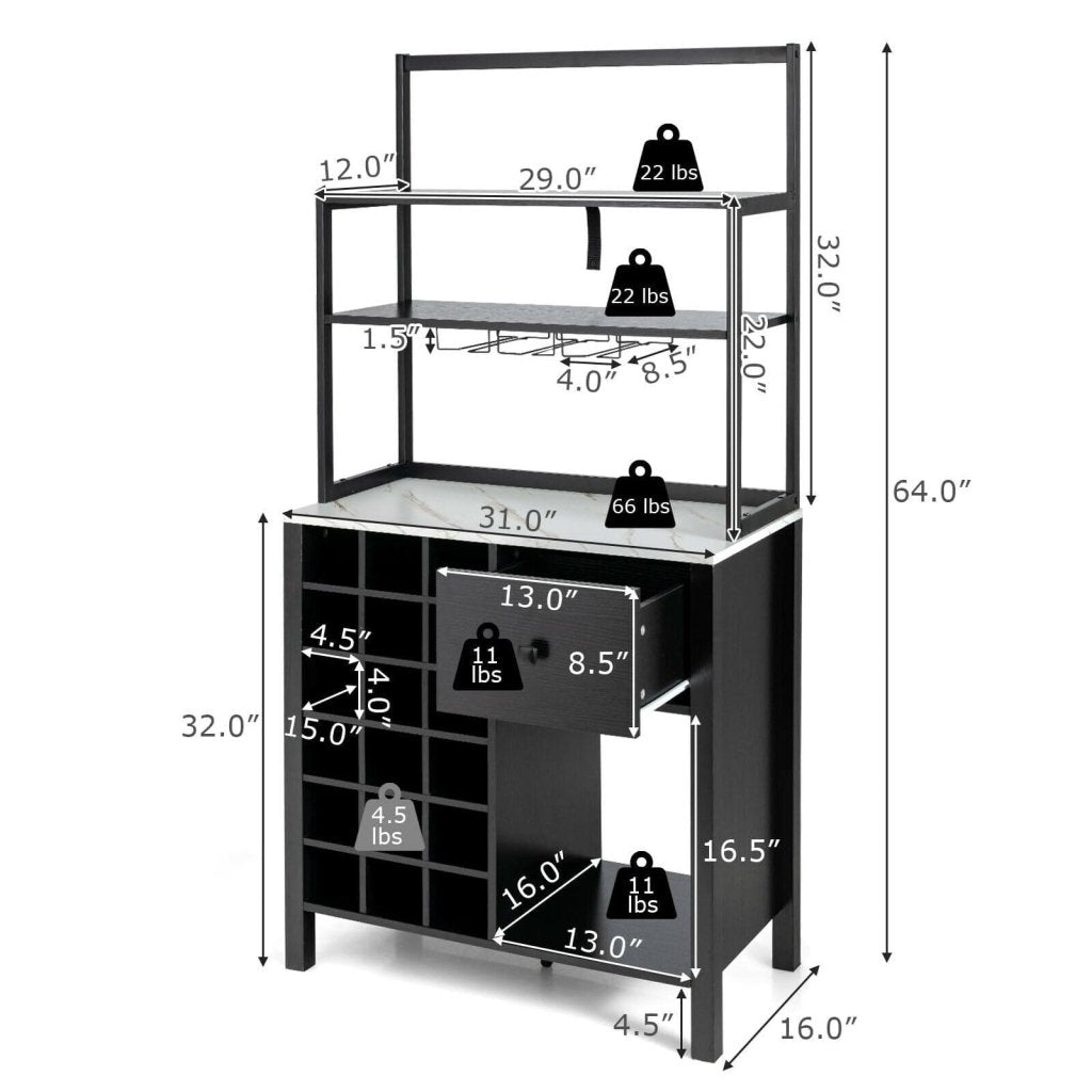 Kitchen Bakers Rack Freestanding Wine Rack Table with Glass Holder and Drawer - Black - Bro Dreams