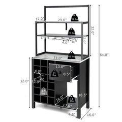 Kitchen Bakers Rack Freestanding Wine Rack Table with Glass Holder and Drawer - Black - Bro Dreams