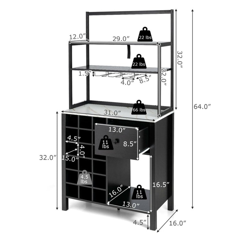 Kitchen Bakers Rack Freestanding Wine Rack Table with Glass Holder and Drawer - Black - Bro Dreams