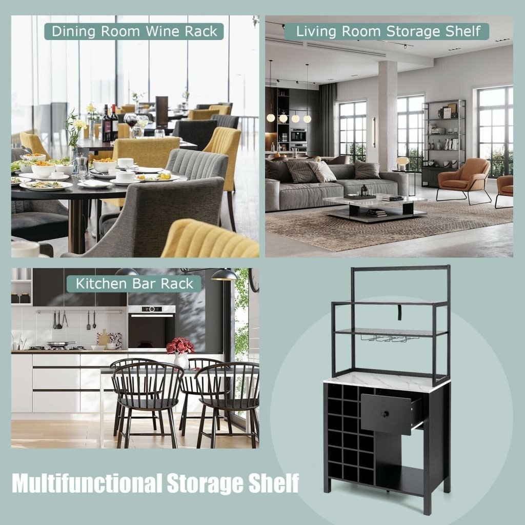 Kitchen Bakers Rack Freestanding Wine Rack Table with Glass Holder and Drawer - Black - Bro Dreams