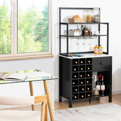 Kitchen Bakers Rack Freestanding Wine Rack Table with Glass Holder and Drawer - Black - Bro Dreams