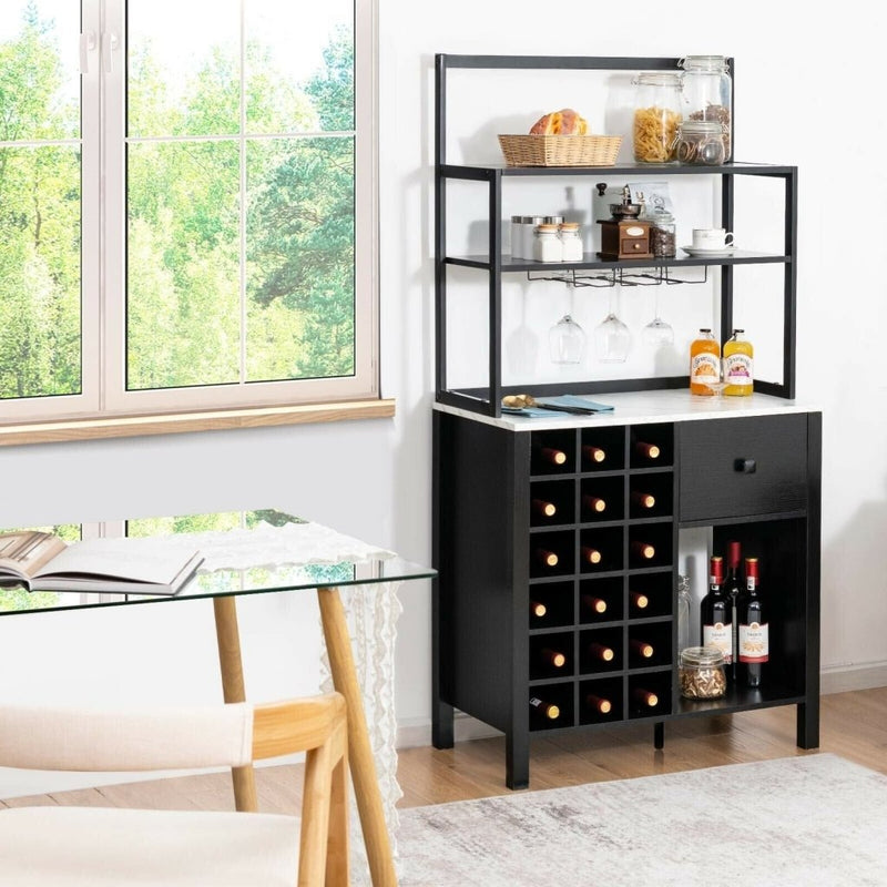 Kitchen Bakers Rack Freestanding Wine Rack Table with Glass Holder and Drawer - Black - Bro Dreams
