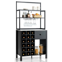 Kitchen Bakers Rack Freestanding Wine Rack Table with Glass Holder and Drawer - Black - Bro Dreams
