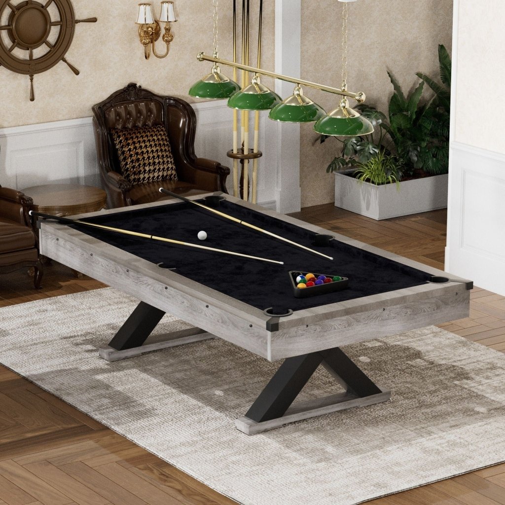 Large 84 - Inch Rustic Gray Pool Table With Cues, Balls And X - Legs (SAK54361) - Bro Dreams