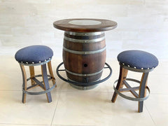 Oak Wood Wine Barrels 2 / Blue Denim / Wood-Glass Oak Wine Barrel Whiskey Bistro Pub Table Set, Footrail, Bar Stools, Home Bar, Man Cave, Whiskey Bistro, Wine Bistro, Barrel Bar, Glass Top