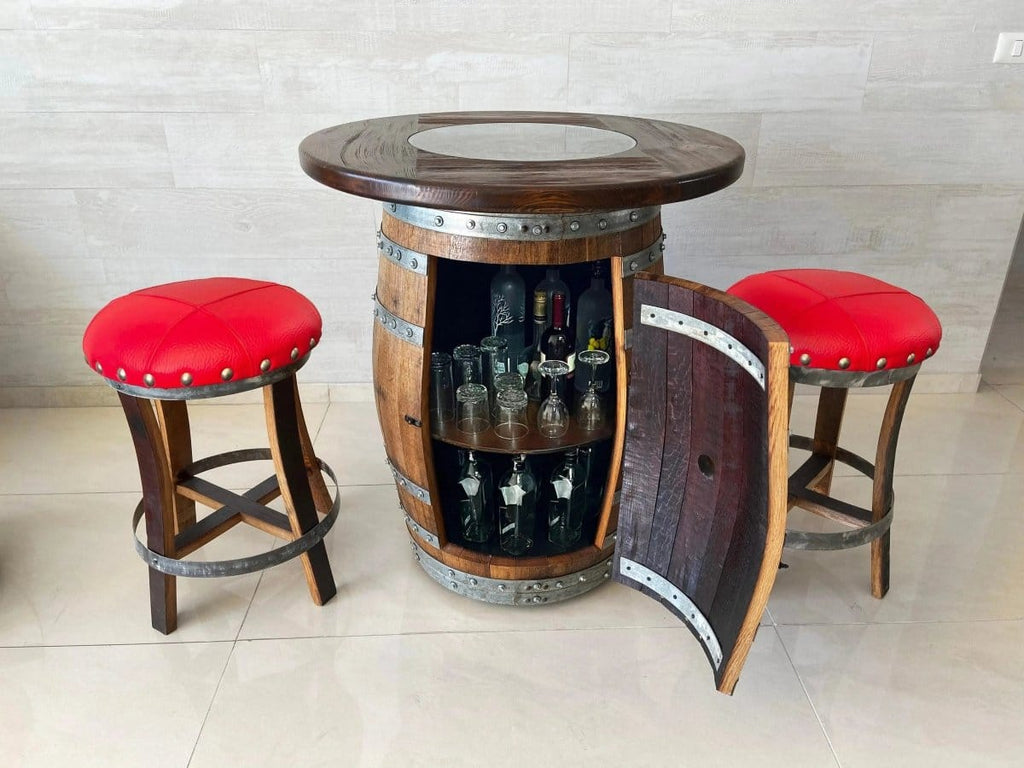 Oak Wood Wine Barrels 2 / Red / Flat Shelf Oak Barrel Pub Table Set, Limited Colorways, Counter Height Wood Glass Top, Cabinet Storage, Bar Stools, Home Bar, Man Cave - Handmade from Family Business