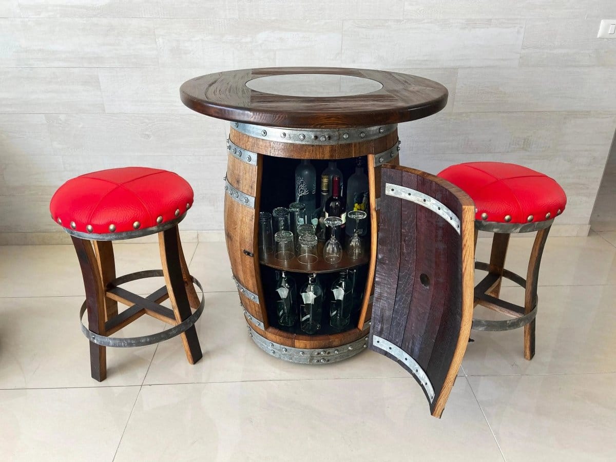 Oak Wood Wine Barrels 2 / Red / Flat Shelf Oak Barrel Pub Table Set, Limited Colorways, Counter Height Wood Glass Top, Cabinet Storage, Bar Stools, Home Bar, Man Cave - Handmade from Family Business